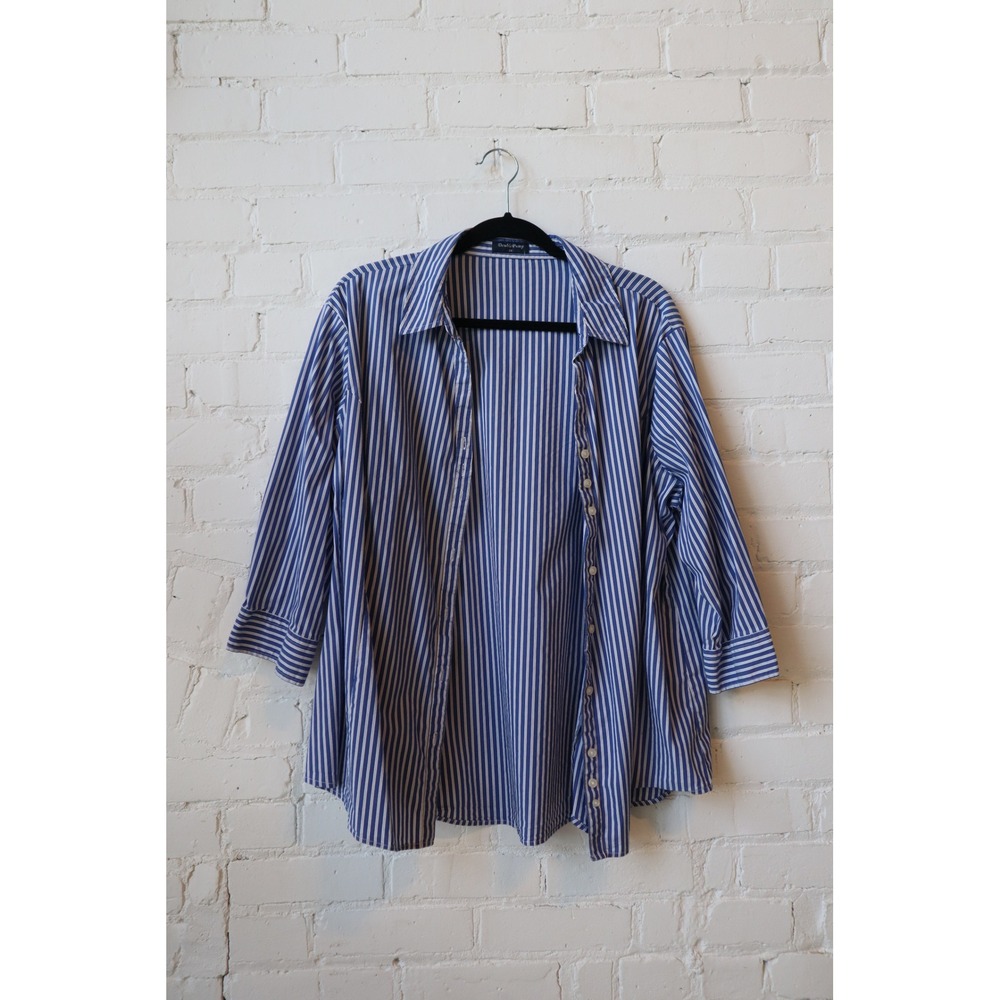 Double Pump Blue White Striped Button Down Shirt 3/4 Sleeve Plus Size 2X